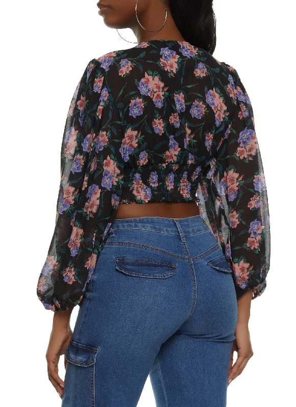 Floral Pleated Button Front Cropped Blouse