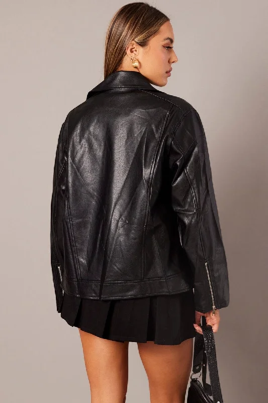 Black Jacket Long Sleeve Collared Faux Leather