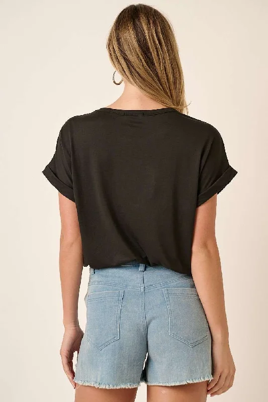 Black Rolled Cuff Short Sleeve Top