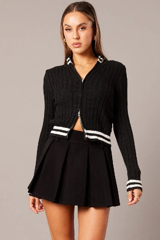 Black Zip Up Cardigan Long Sleeve Mock Neck Stripe Trim