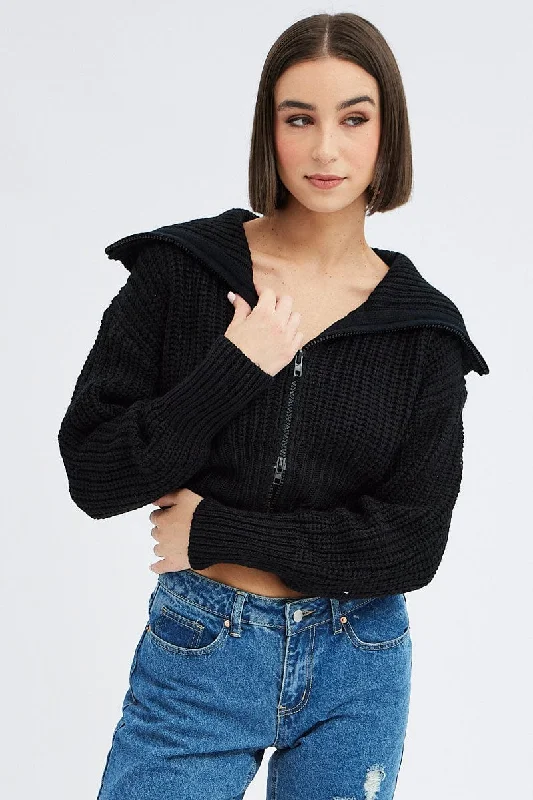 Black Zip up Crop Cardigan