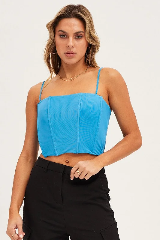 Blue Mesh Sleeveless Corset Detail Singlet Top