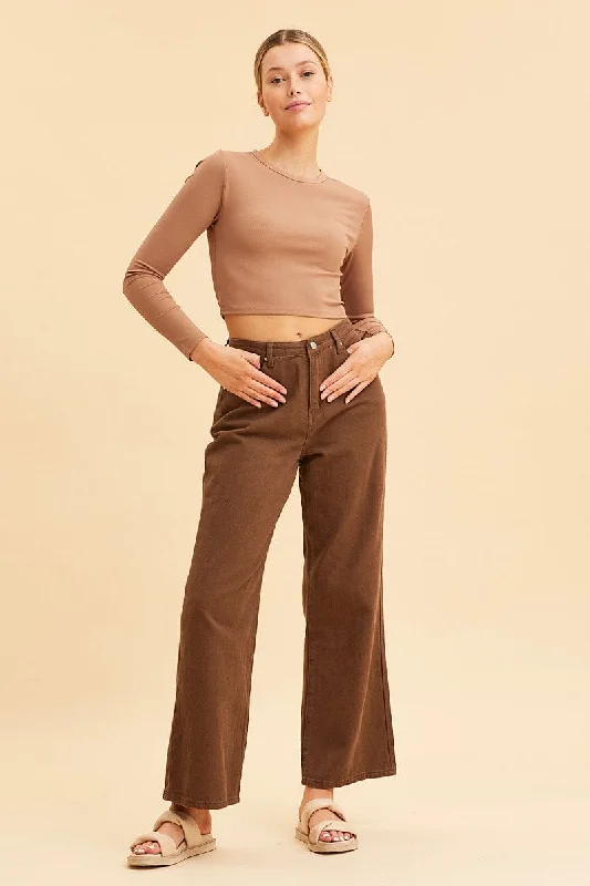 Brown Crop Top Long Sleeve Crew Neck Rib