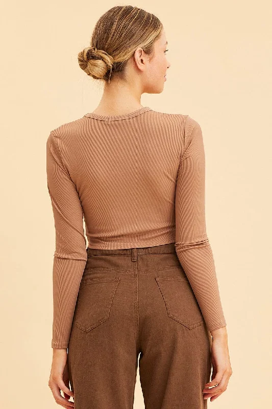 Brown Crop Top Long Sleeve Crew Neck Rib