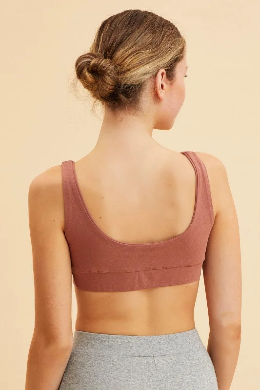 Brown Crop Top Square Neck Cotton Stretch