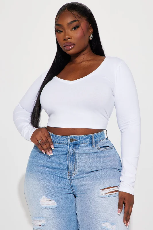 Carly V Neck Crop Long Sleeve Tee - White