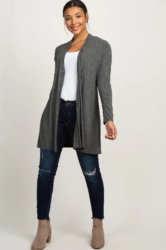 Charcoal Grey Solid Long Sleeve Cardigan