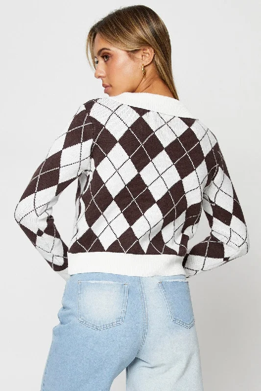 Check Knit Cardigan Long Sleeve Collared