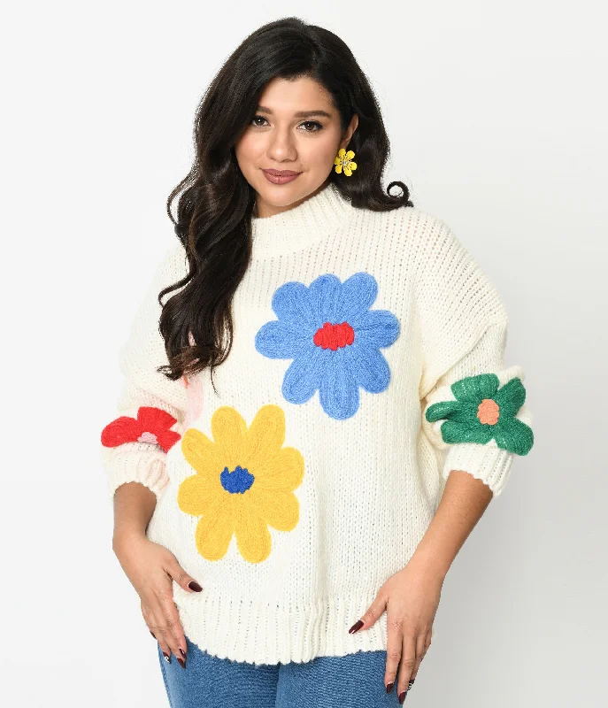 Cream & 3D Multicolor Floral Knit Pullover