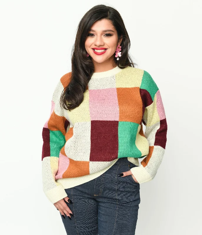 Cream & Multicolor Color Block Checker Sweater