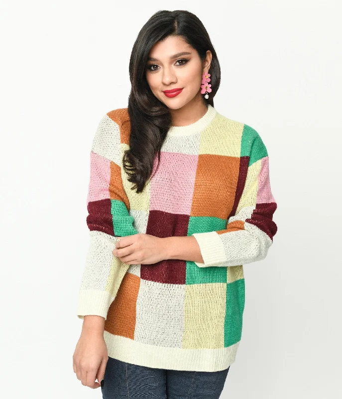 Cream & Multicolor Color Block Checker Sweater