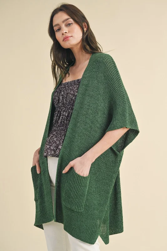 Forest Green Drop Shoulder Side Pocket 3/4 Sleeve Cardigan