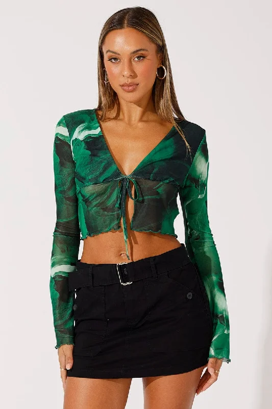 Green Abstract Tie up Cardigan Long Sleeve