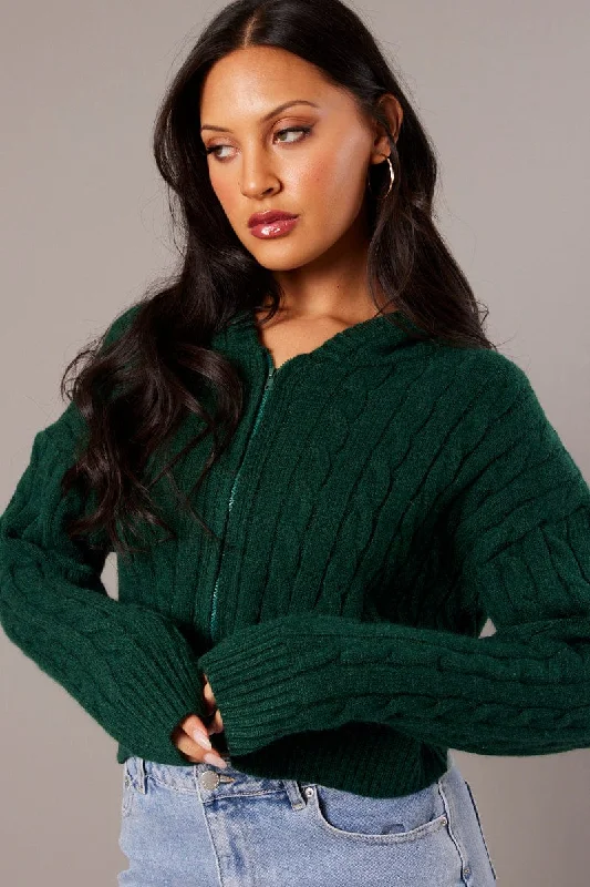 Green Hooded Cardigan Long Sleeve Cable Knit Zip Up