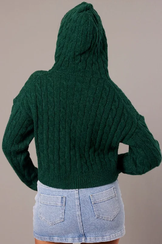 Green Hooded Cardigan Long Sleeve Cable Knit Zip Up