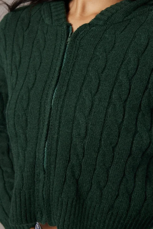 Green Hooded Cardigan Long Sleeve Cable Knit Zip Up