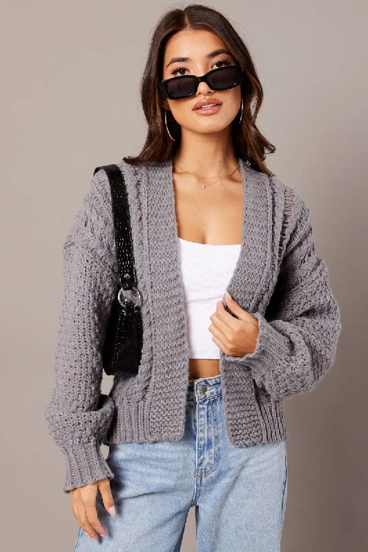 Grey Knit Cardigan Long Sleeve Relaxed Fit Cable