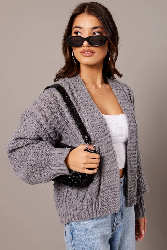 Grey Knit Cardigan Long Sleeve Relaxed Fit Cable