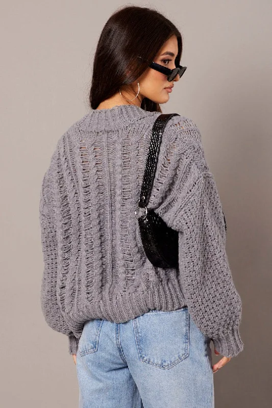 Grey Knit Cardigan Long Sleeve Relaxed Fit Cable