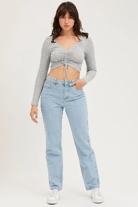 Grey Rib Crop Top Long Sleeve