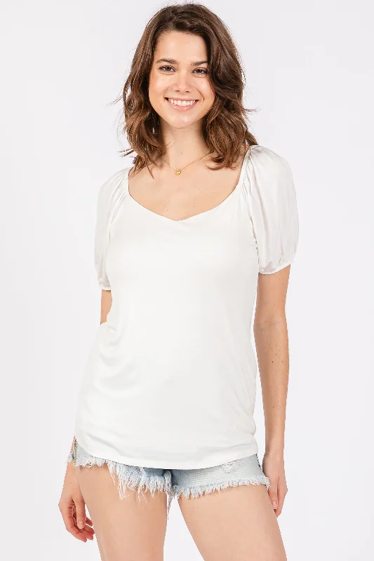 Ivory Short Puff Sleeve V-Neck Top