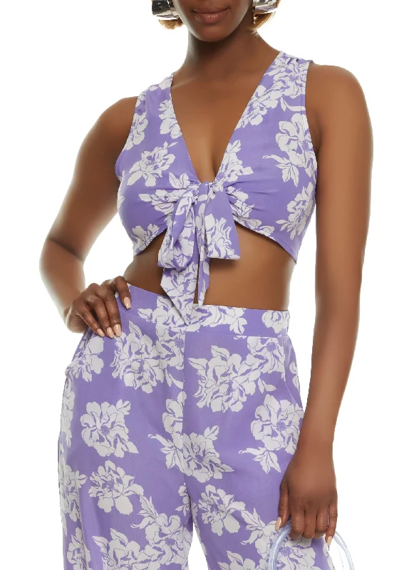 Floral Print Tie Front Crop Top