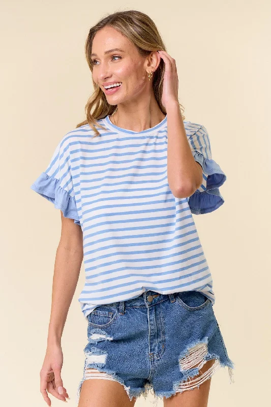 Light Blue Striped Ruffle Sleeve Top