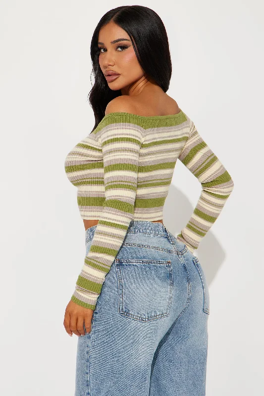 Madisyn Off Shoulder Striped Sweater - Green/combo