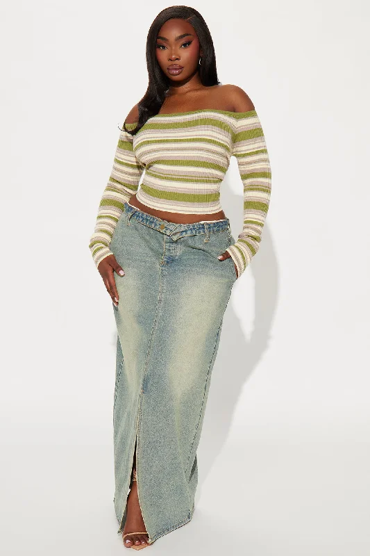 Madisyn Off Shoulder Striped Sweater - Green/combo