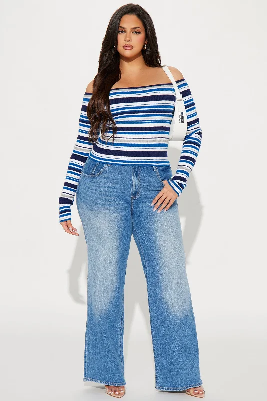 Madisyn Off Shoulder Striped Sweater - Navy/combo