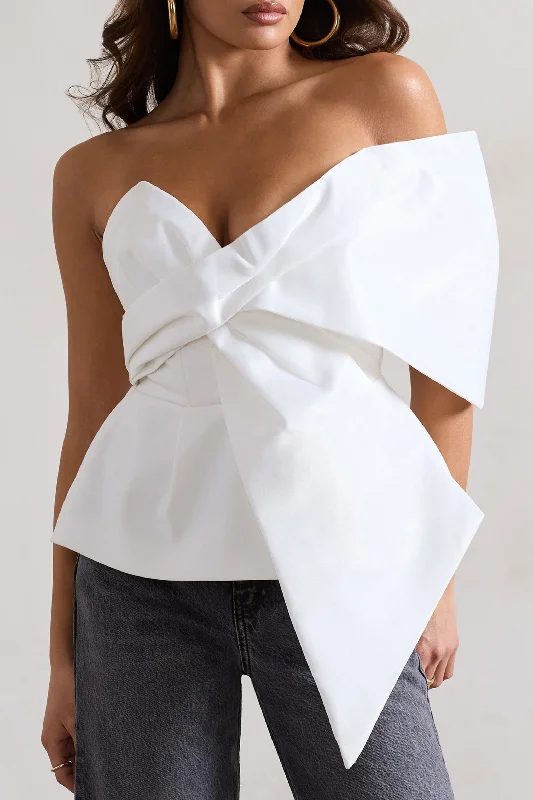 Mayfair | White Asymmetric Bardot Top With Peplum Hem