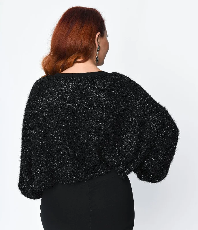 Metallic Black Spooky Patch Oversized Crop Knit Sweater