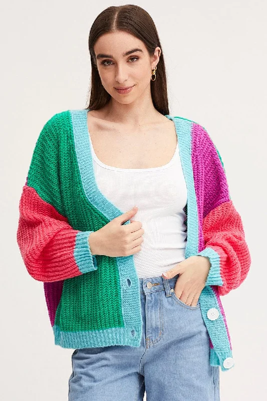 Multi Knit Cardigan Long Sleeve Relaxed Colour Block