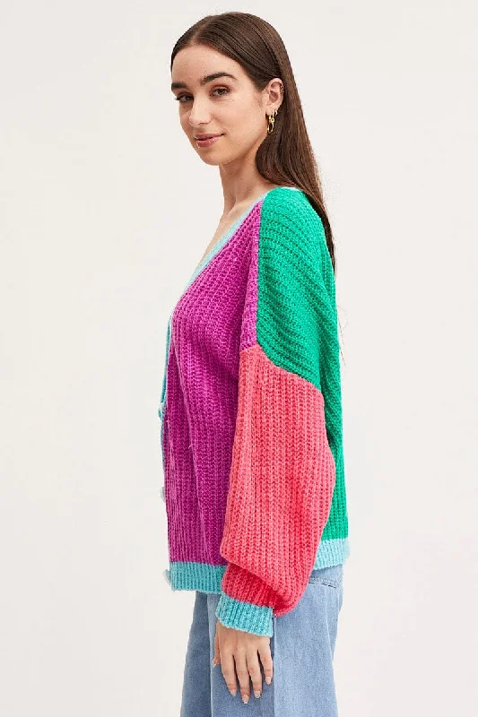 Multi Knit Cardigan Long Sleeve Relaxed Colour Block