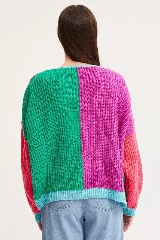 Multi Knit Cardigan Long Sleeve Relaxed Colour Block