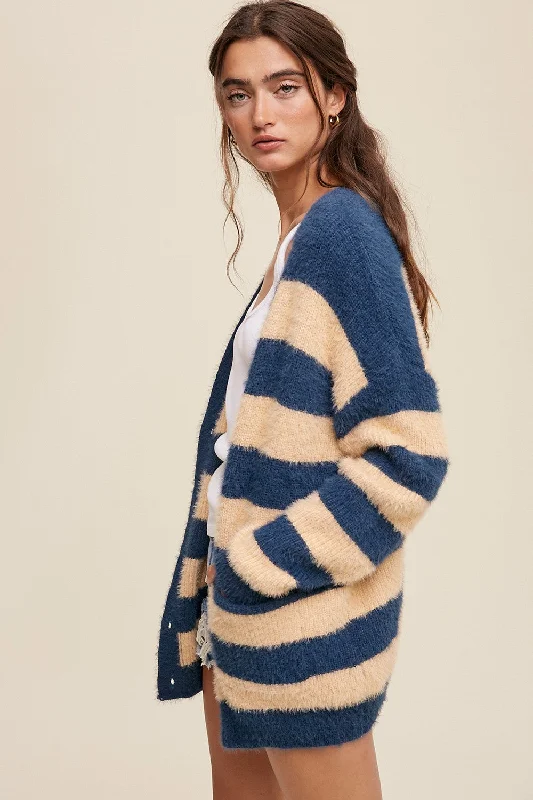 Navy Blue Striped Fuzzy Cardigan