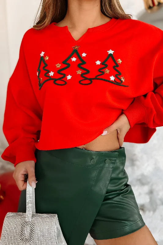 No Decorations Needed Cropped Christmas Tree Sweatshirt (Red)