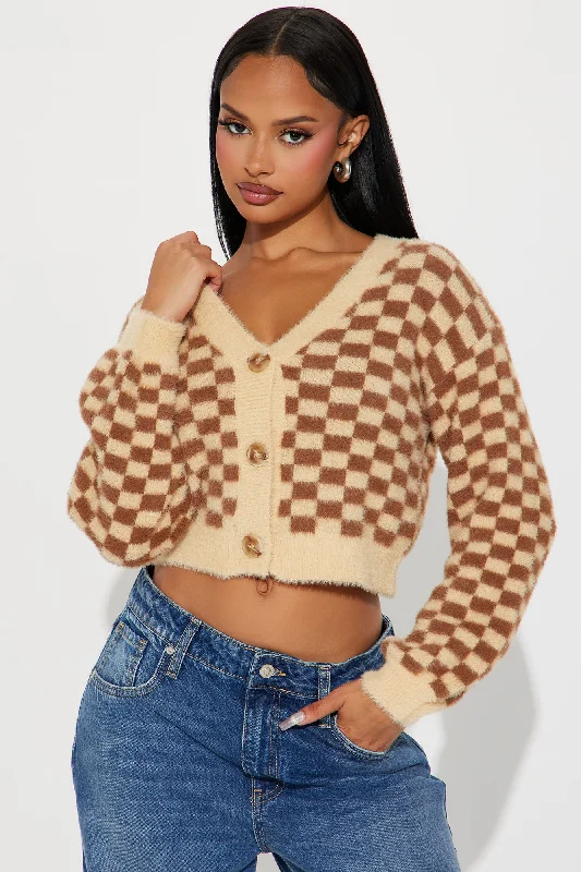 Nonsense Checkered Cropped Cardigan - Brown/combo