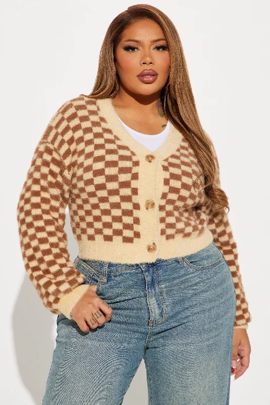 Nonsense Checkered Cropped Cardigan - Brown/combo