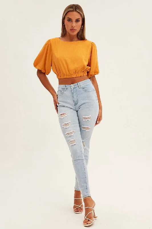 Orange Crop Top Half Sleeve Boat Neck Linen Blend