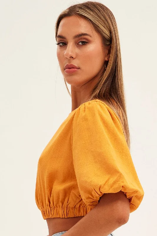 Orange Crop Top Half Sleeve Boat Neck Linen Blend