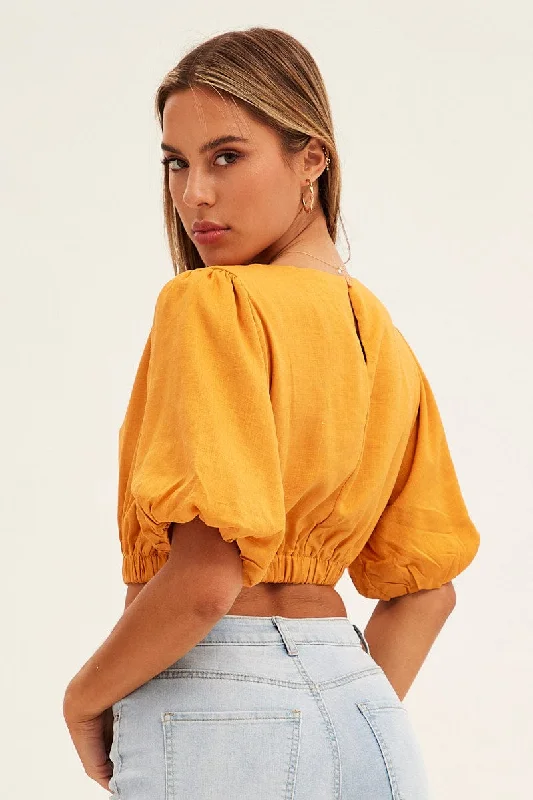 Orange Crop Top Half Sleeve Boat Neck Linen Blend