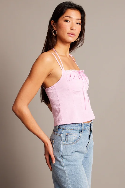 Pink Cami Top Sleeveless Ruched Ribbon