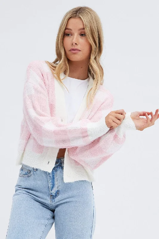 Pink Check Crop Knit Cardigan Check