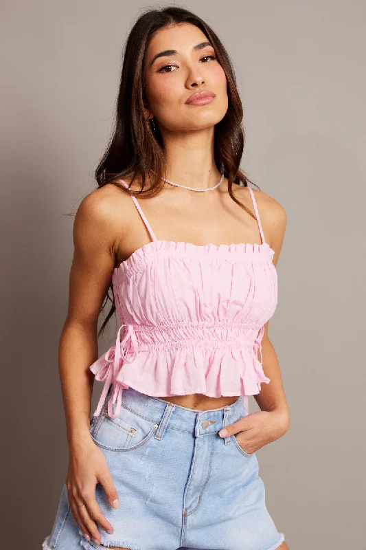 Pink Crop Top Sleeveless Ruched