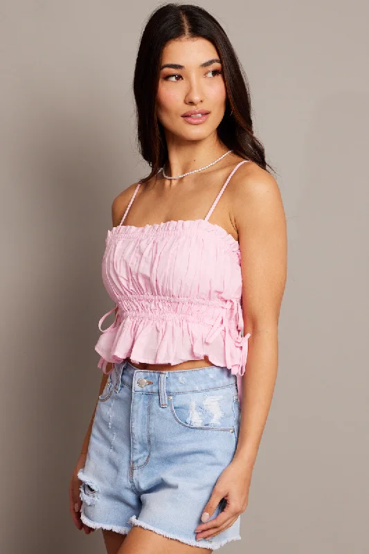 Pink Crop Top Sleeveless Ruched