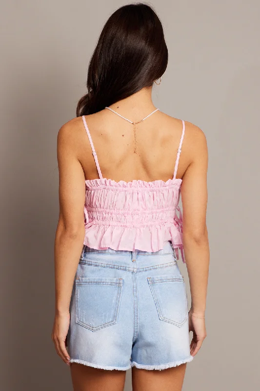 Pink Crop Top Sleeveless Ruched