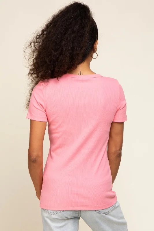 Pink Ribbed V-Neck Top