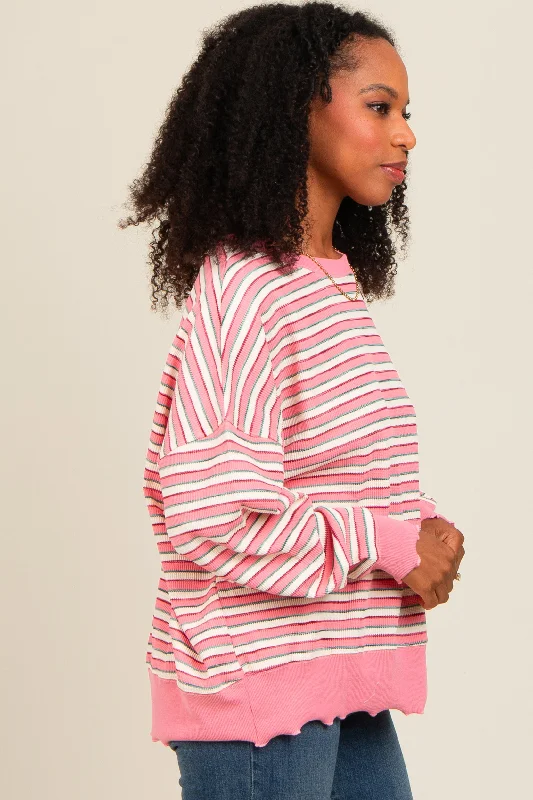 Pink Striped Ruffle Hem Long Sleeve Top