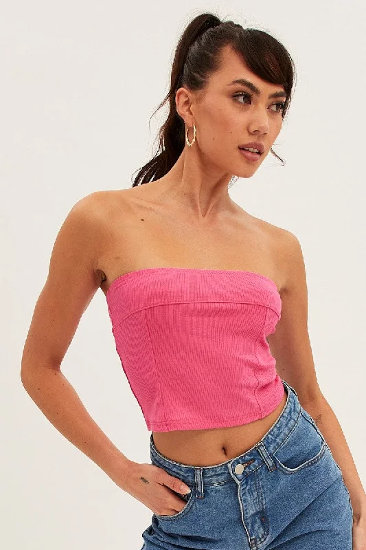 Pink Tube Top Bandeau Panel Detail Rib Strapless